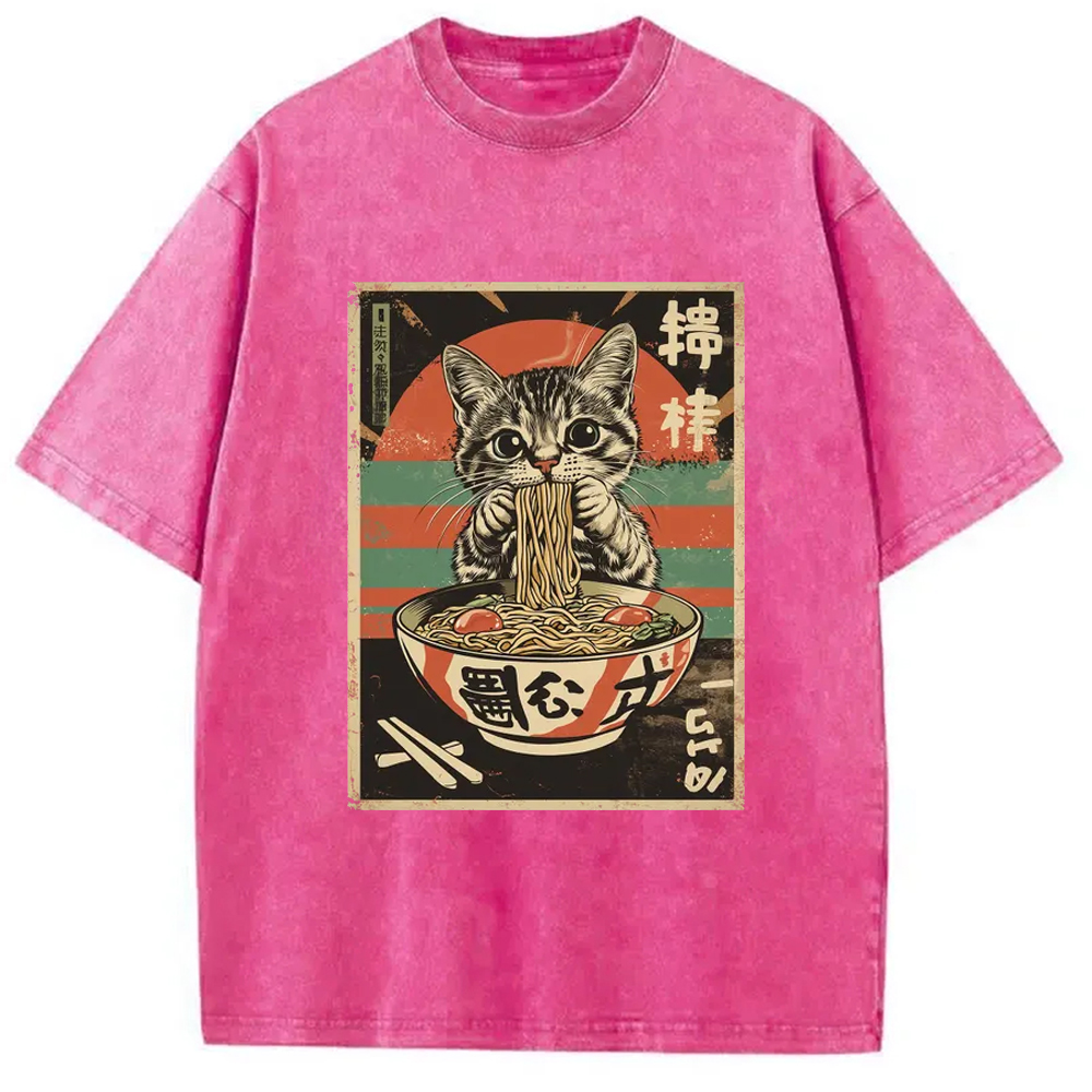 Modecanvas Kawaii Cat Lover Ramen Washed T-Shirt