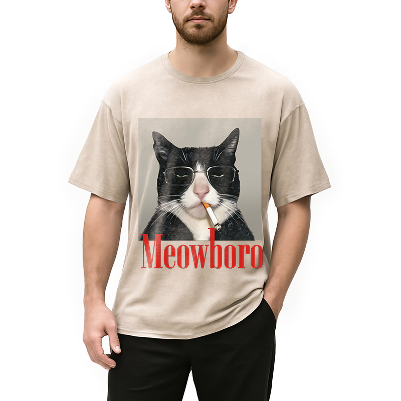 Modecanvas Funny Cat Smoking Cigarette Meme Washed T-Shirt