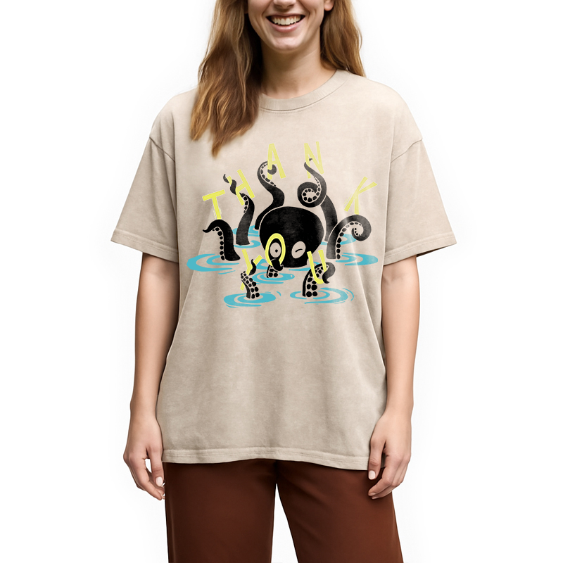 Modecanvas Octopus In Water Thank You DTG Printing Washed T-Shirt