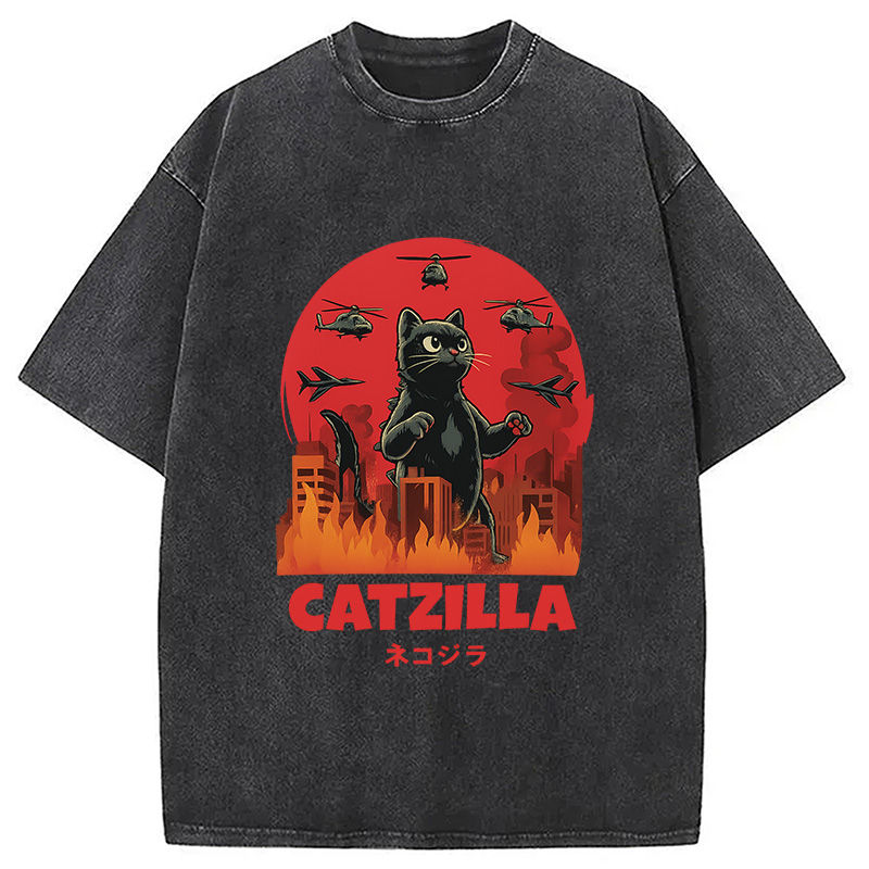 Modecanvas Catzilla Cat Japanese Vintage Washed T-Shirt