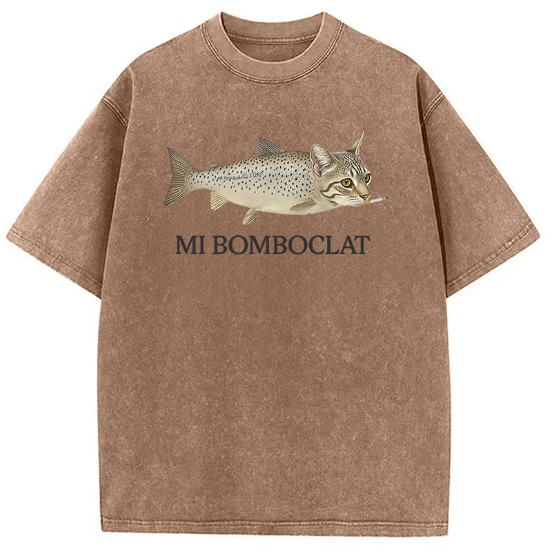 Modecanvas Bomboclat Fish Cat Meme Washed T-Shirt-modecanvas