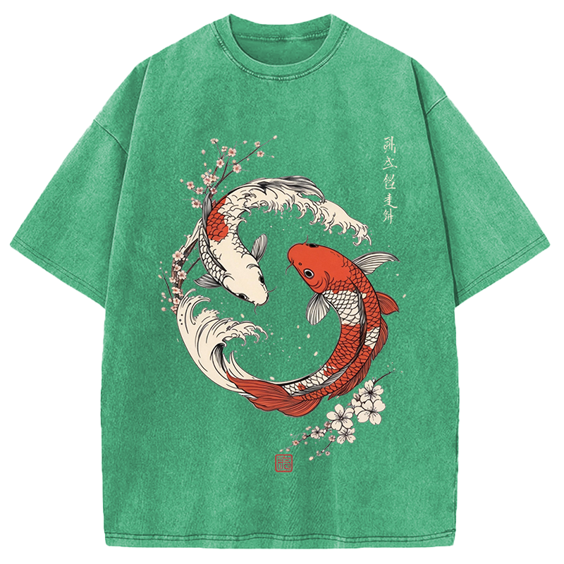 Modecanvas Koi Fish Cherry Blossoms Japanese DTG Printing Washed T-Shirt