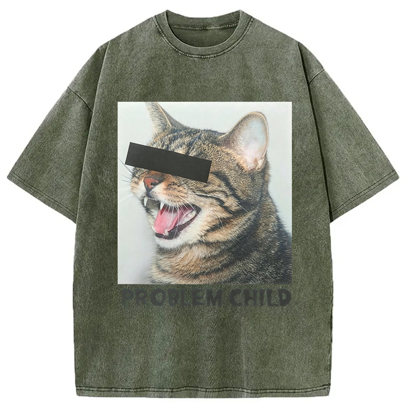 Modecanvas Problem Child Cat Washed T-Shirt-modecanvas