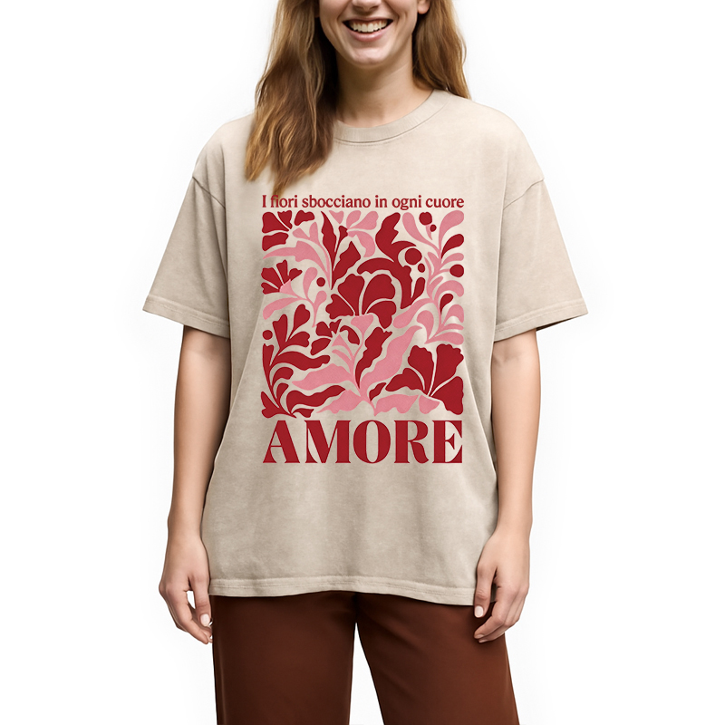 Modecanvas Red Floral Amore DTG Printing Washed T-Shirt-modecanvas