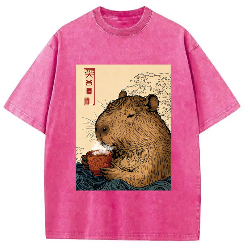 Modecanvas Capybara with Morning Tea DTG Printing Washed T-Shirt