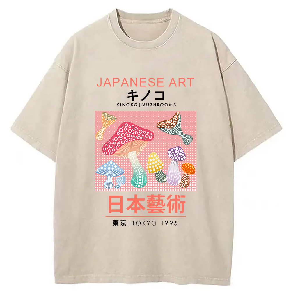 Modecanvas Pink Mushroom Japanese Art Washed T-Shirt