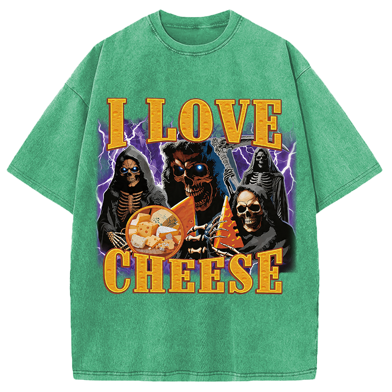 Modecanvas I Love Cheese Funny Skeleton Meme DTG Printing Washed T-Shirt