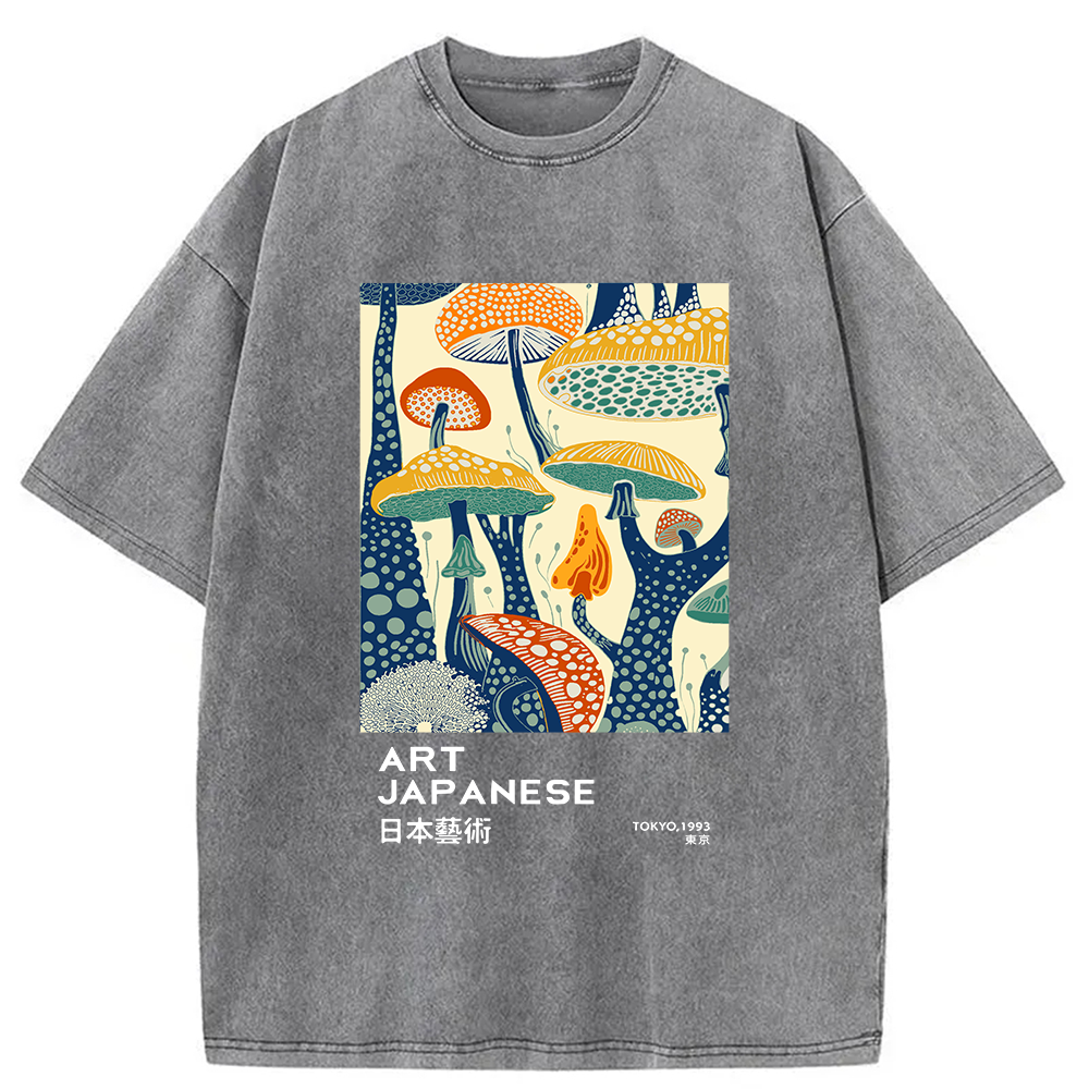 Modecanvas Dancing Mushroom Japanese Art Washed T-Shirt