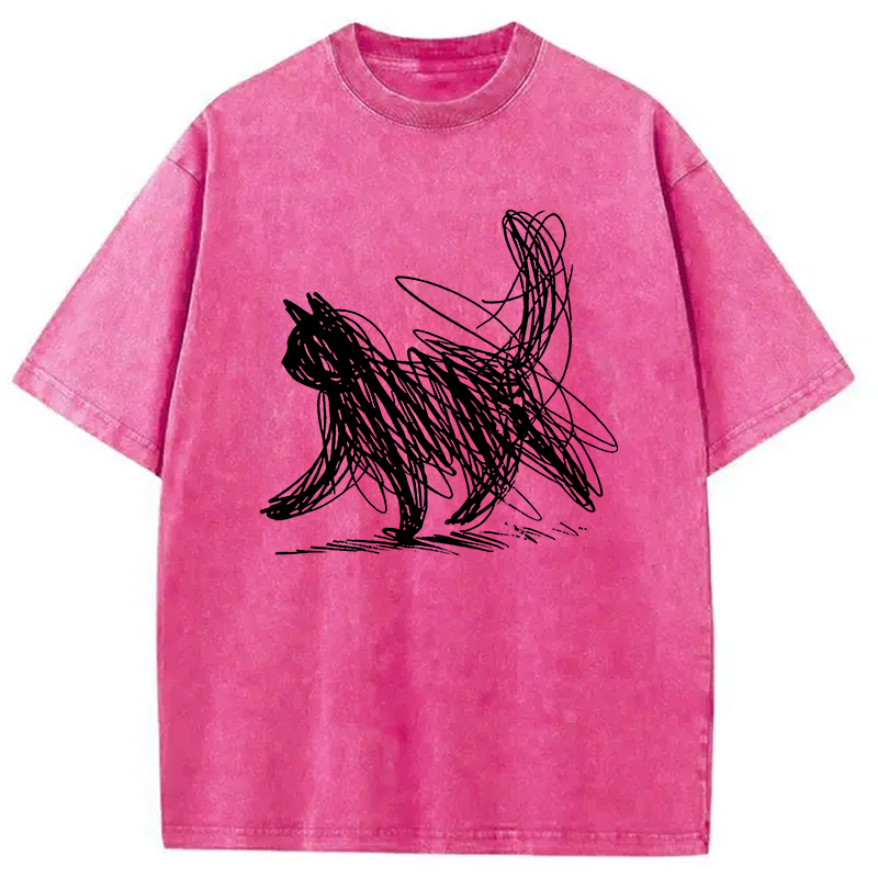 Modecanvas Minimalist Cat Art Washed T-Shirt-modecanvas