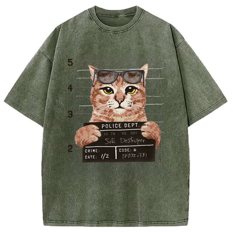 Modecanvas Cat Holding Mugshot Arrested Washed T-Shirt