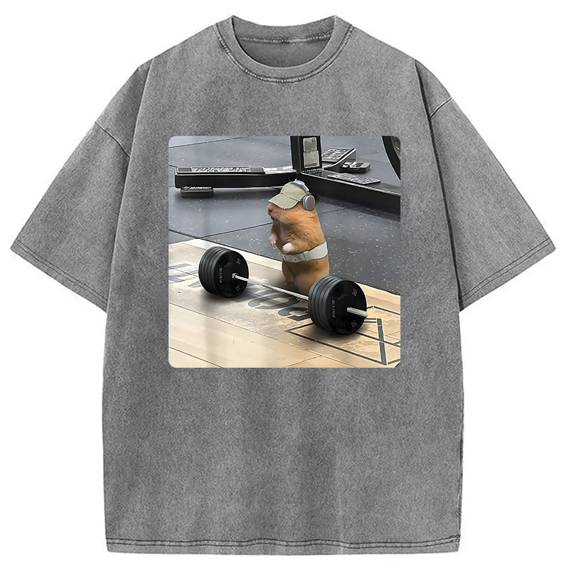 Modecanvas Funny Cute Rat Weightlifting Meme Washed T-Shirt-modecanvas