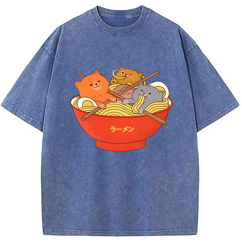 Modecanvas Cute Cat Ramen Washed T-Shirt