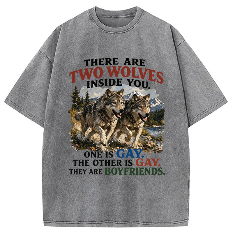 Modecanvas Two Wolves Gay Boyfriends Meme DTG Printing Washed T-Shirt