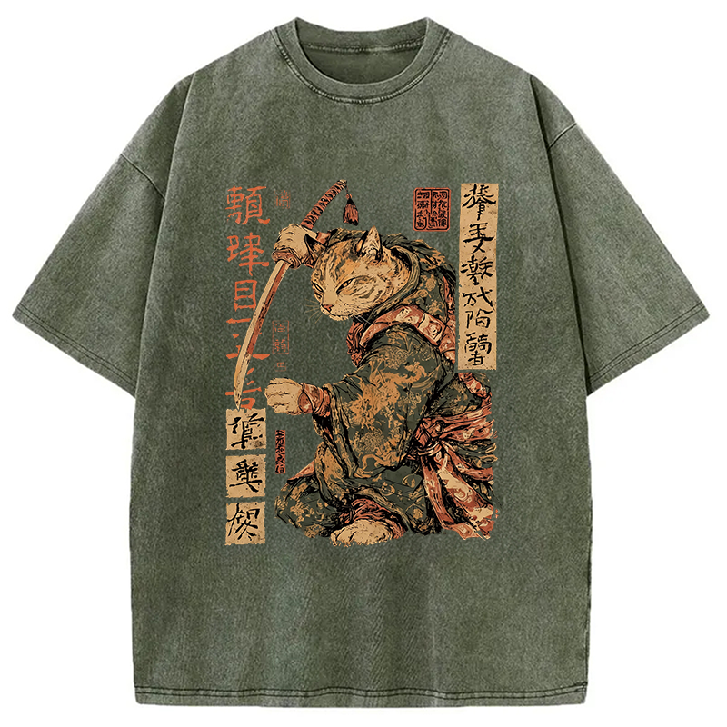 Modecanvas Japanese Katana Warrior Cat DTG Printing Washed T-Shirt-modecanvas