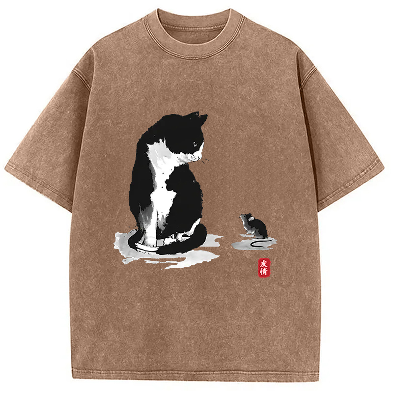 Modecanvas Cat And Mouse Friendship Washed T-Shirt