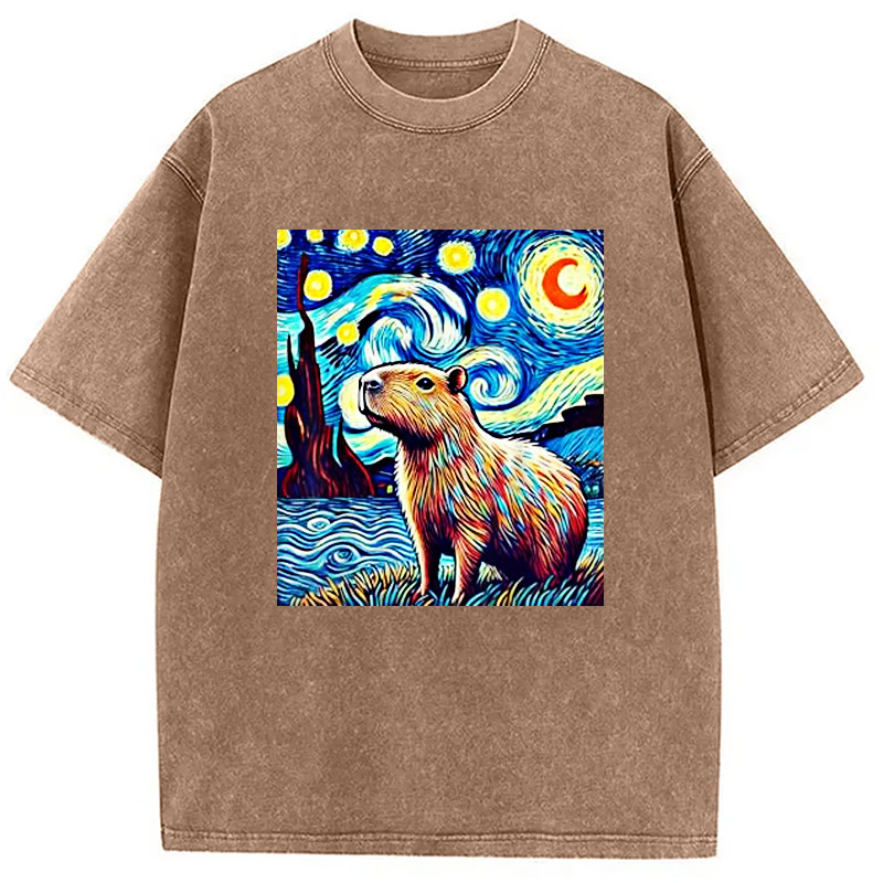 Modecanvas Capybara Starry Night Light Washed T-Shirt