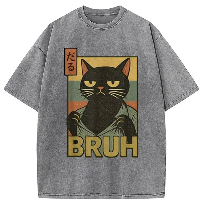Modecanvas Funny Cat Bruh Washed T-Shirt