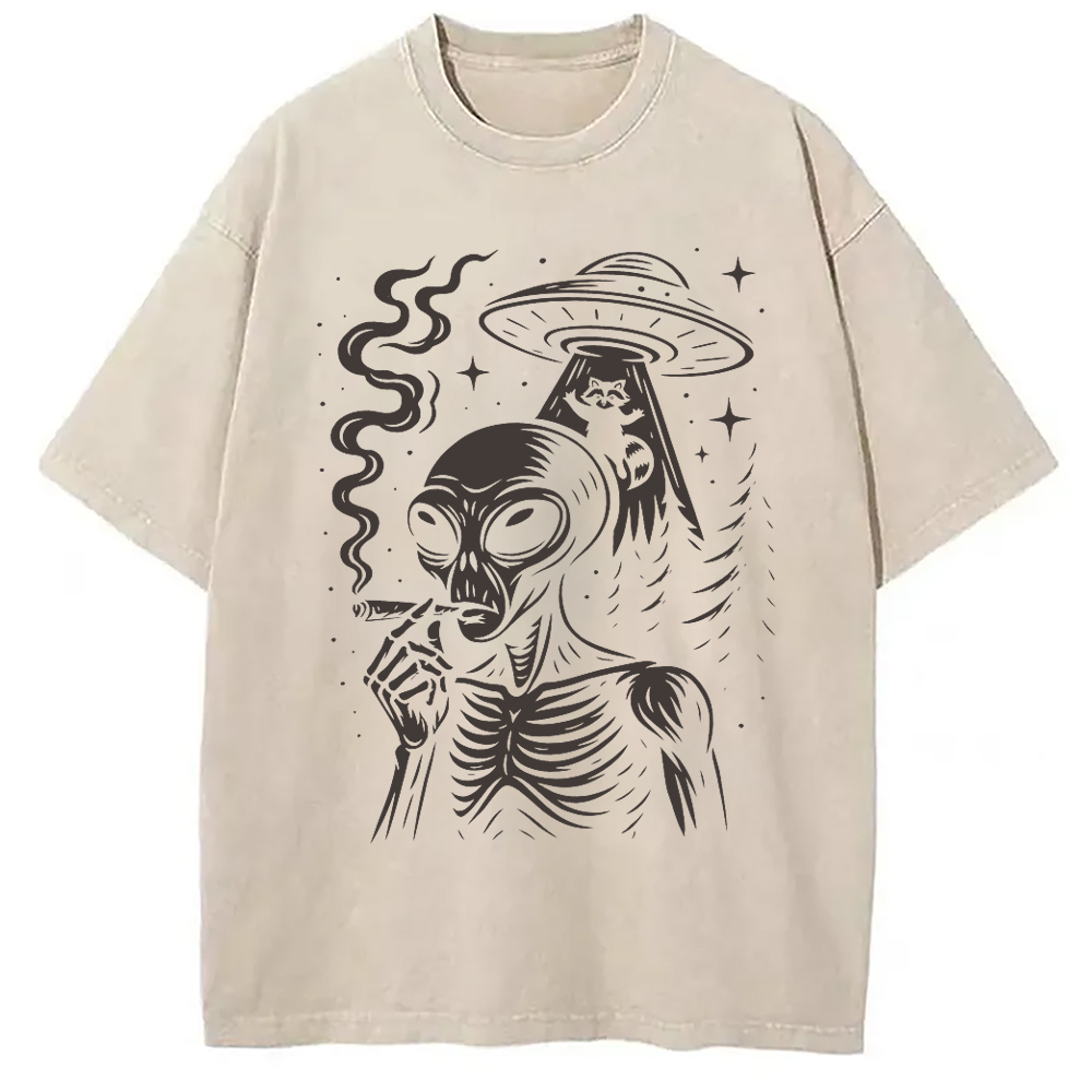Modecanvas Stoner Alien UFO Raccoon DTG Printing Washed T-Shirt-modecanvas