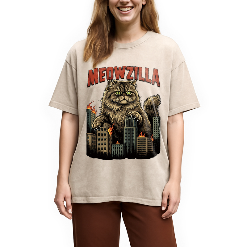 Modecanvas Cat  Attack DTG Printing Washed T-Shirt