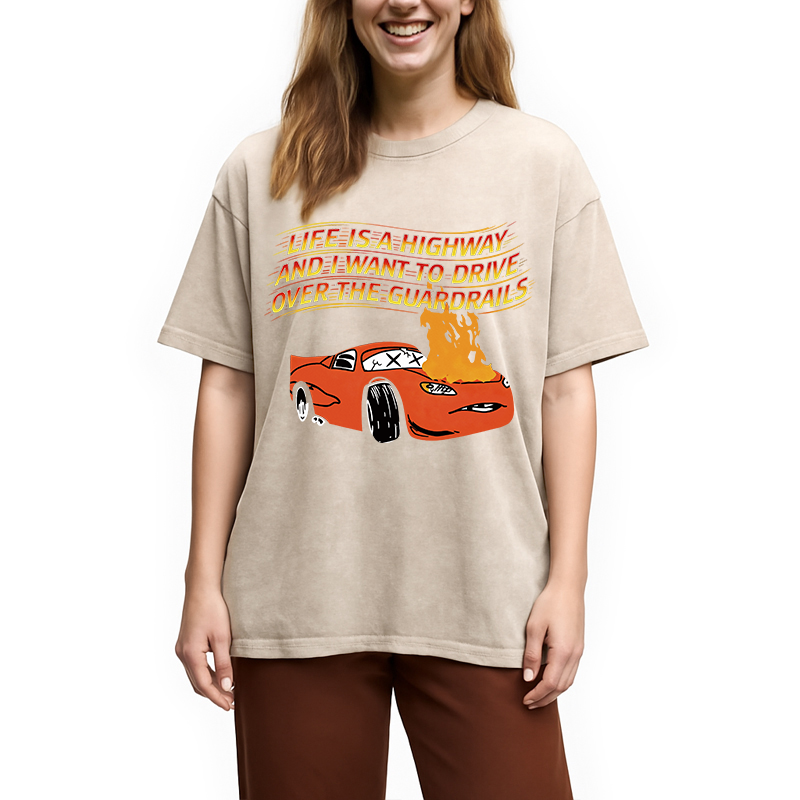 Modecanvas Life Is A Highway DTG Printing Washed T-Shirt