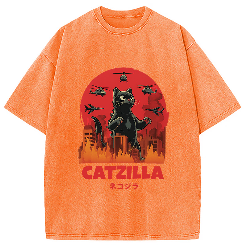 Modecanvas Catzilla Cat Japanese Vintage Washed T-Shirt
