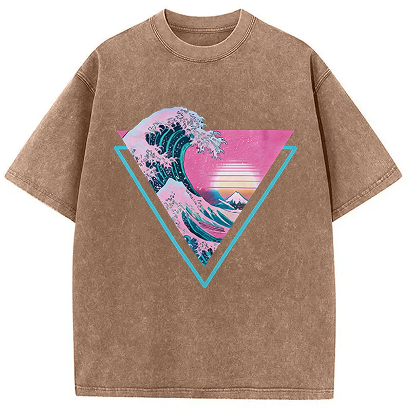 Modecanvas Great Wave Retro Triangle DTG Printing Washed T-Shirt