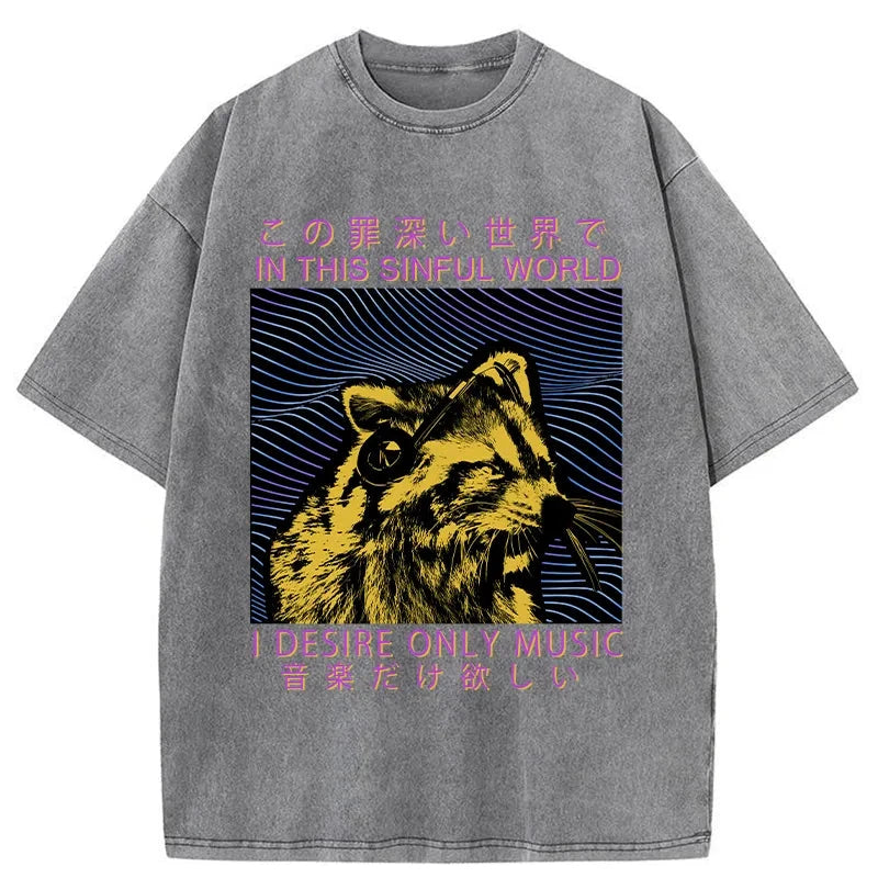 Modecanvas Raccoon Listening To Music Washed T-Shirt