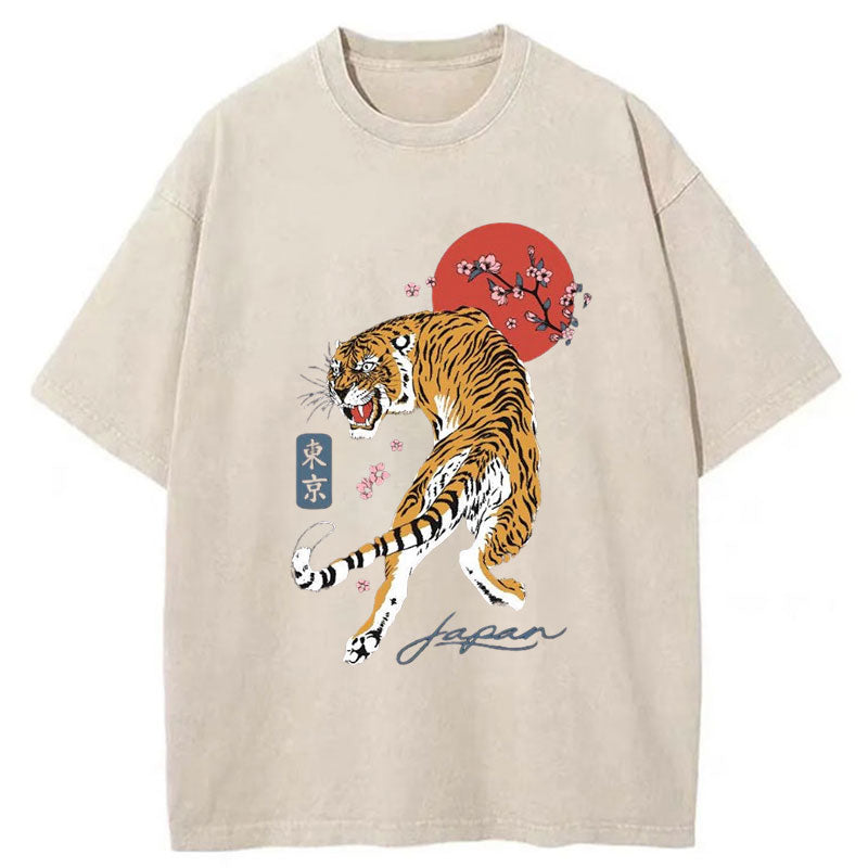 Modecanvas Tiger Blossom Japanese Sakura Washed T-Shirt-modecanvas