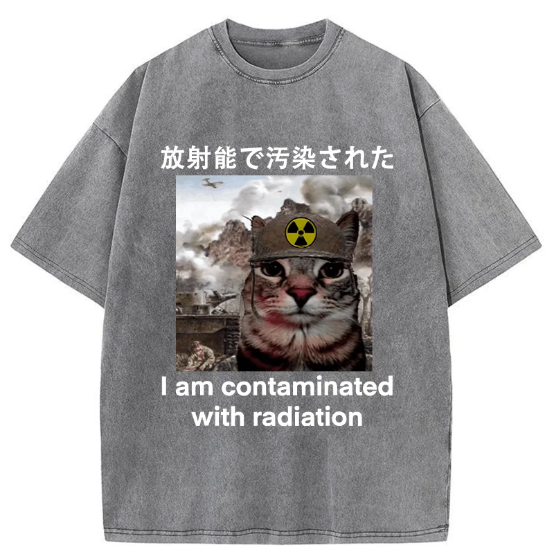 Modecanvas Cat Suffering From Nuclear Radiation Washed T-Shirt-modecanvas
