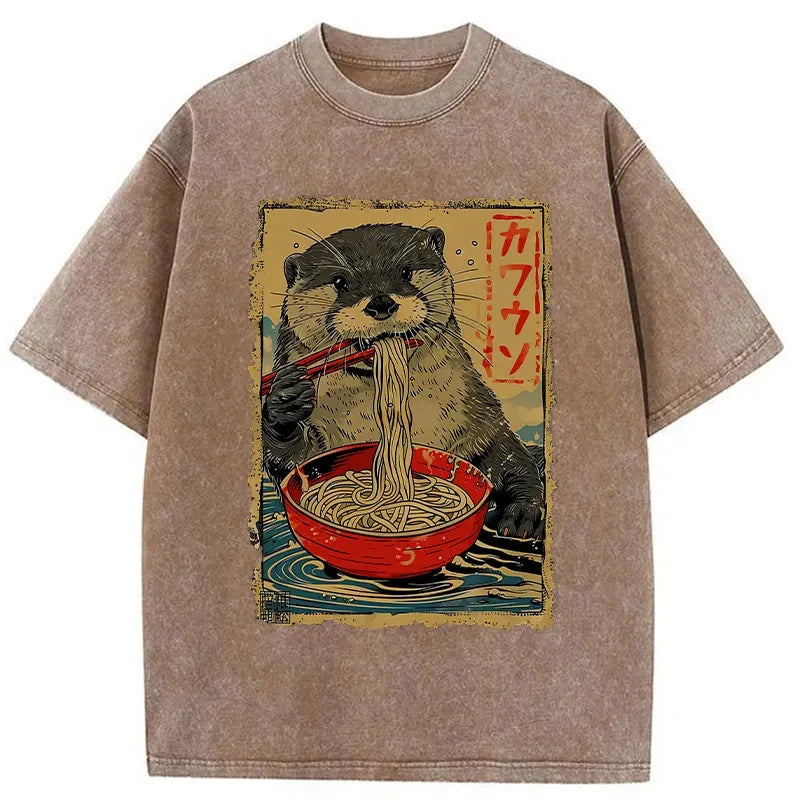 Modecanvas Otter Eating Ramen Japan Washed T-Shirt