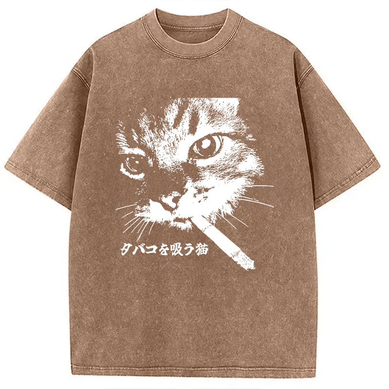 Modecanvas Retro Cat Smoking Washed T-Shirt-modecanvas
