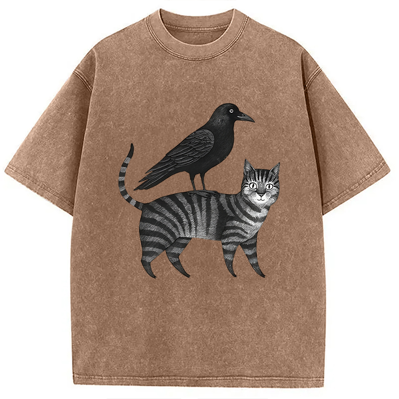 Modecanvas Crow Riding A Cat Washed T-Shirt