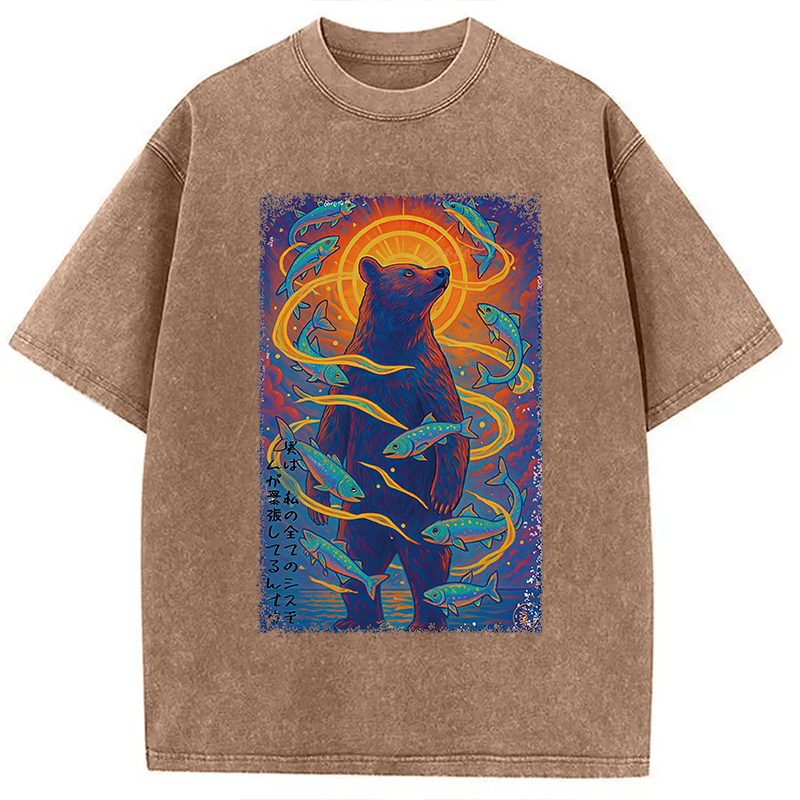 Modecanvas Ukiyoe Bear and Fish Vintage Poster Washed T-Shirt