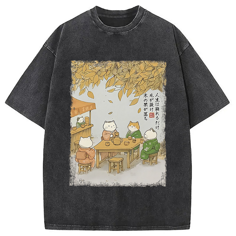Modecanvas Cats Drinking Tea Under The Tree Washed T-Shirt