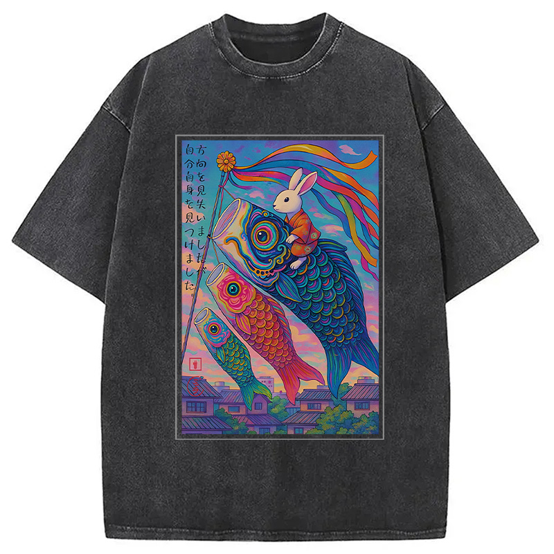 Modecanvas Ukiyoe Rabbit Ride Carp streamer Poster Washed T-Shirt