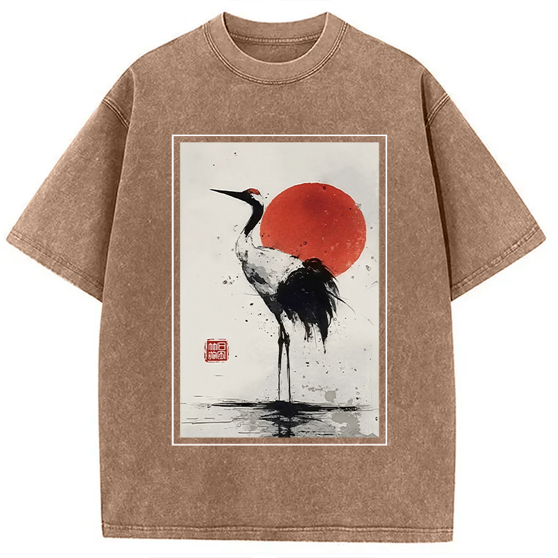 Modecanvas Retro Japanese Red-crowned Crane Washed T-Shirt