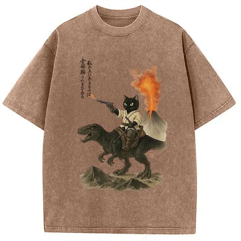Modecanvas Cat Riding A Dinosaur Washed T-Shirt