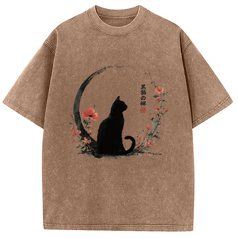Modecanvas Black Cat And Flowers Washed T-Shirt