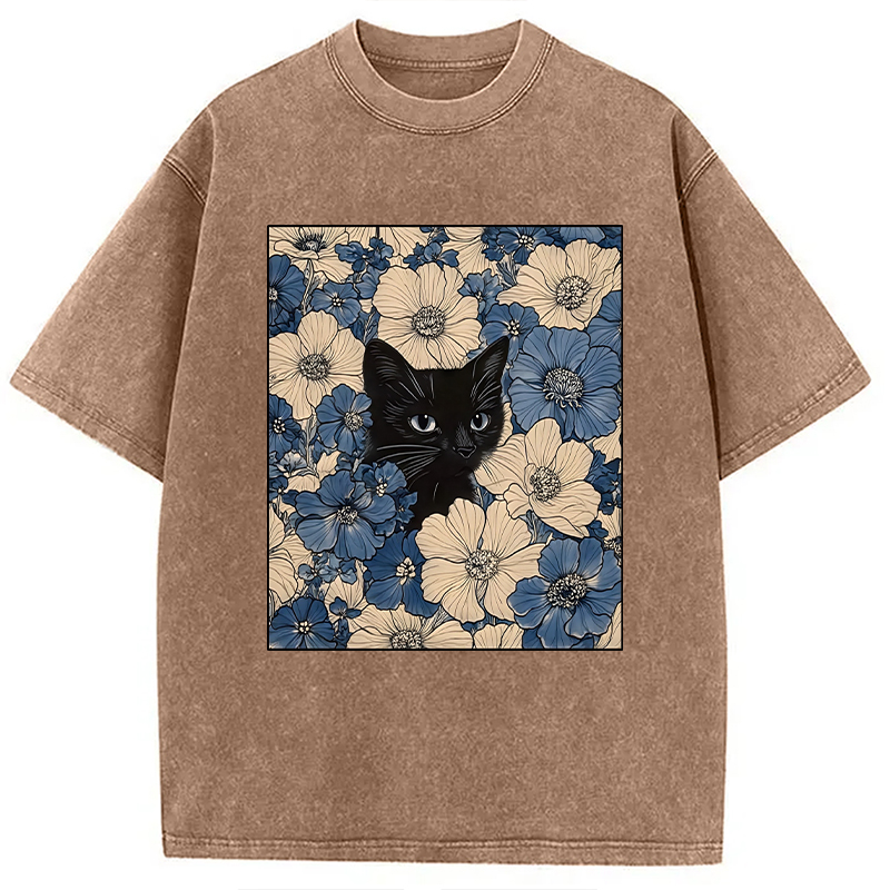 Modecanvas Cat In The Flowers Washed T-Shirt