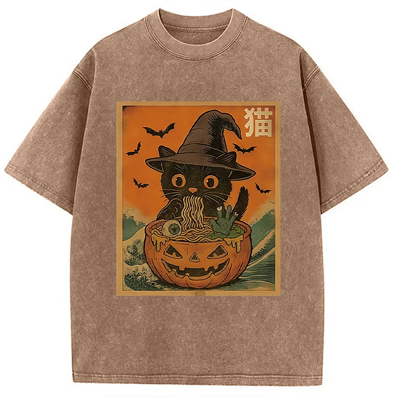 Modecanvas Halloween Cat Eating Ramen Washed T-Shirt