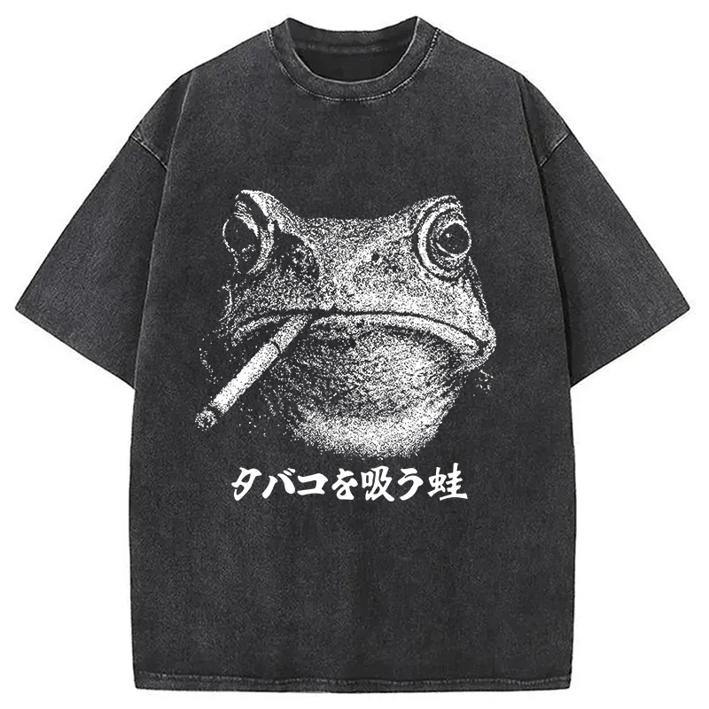Modecanvas Funny Smoking Frog Meme Washed T-Shirt