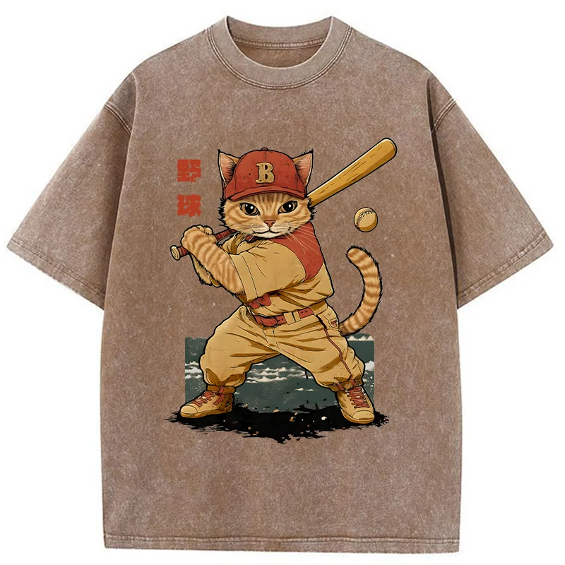 Modecanvas Baseball Cat Player Washed T-Shirt