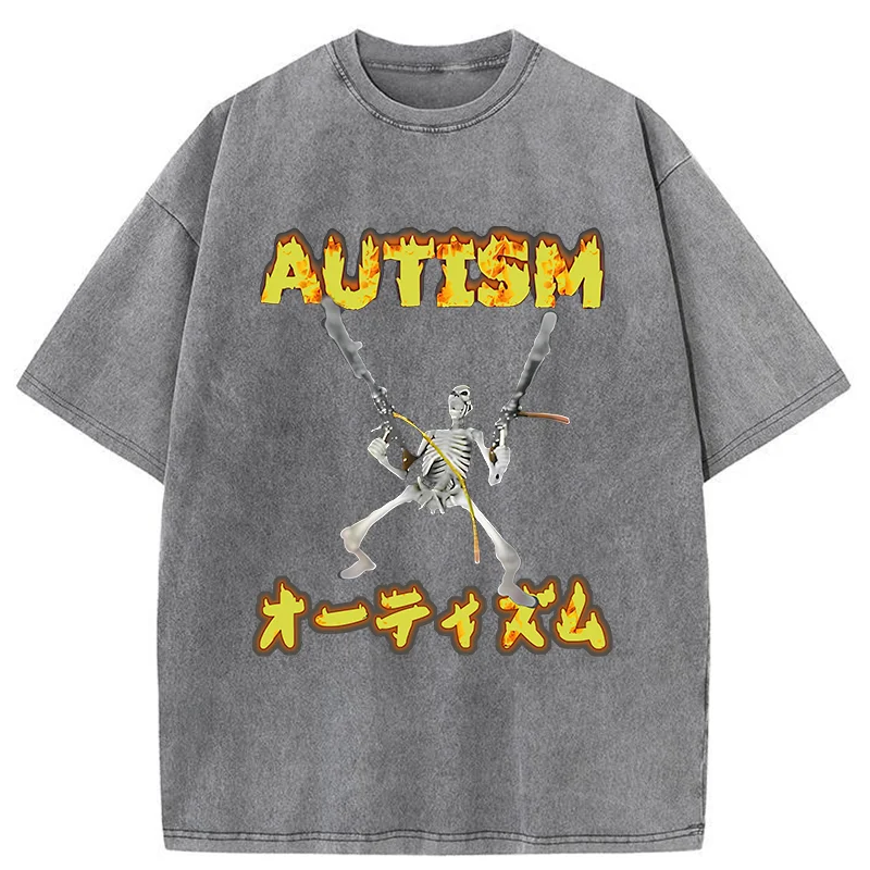 Modecanvas Autism Funny Skeleton DTG Printing Washed T-Shirt-modecanvas
