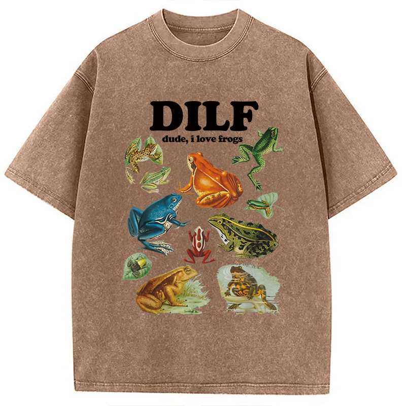 Modecanvas Dude I Love Frog Washed T-Shirt-modecanvas