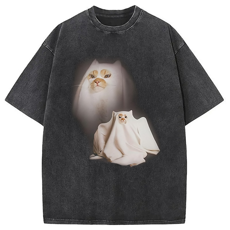 Modecanvas Ghost Cat Meme DTG Printing Washed T-Shirt-modecanvas