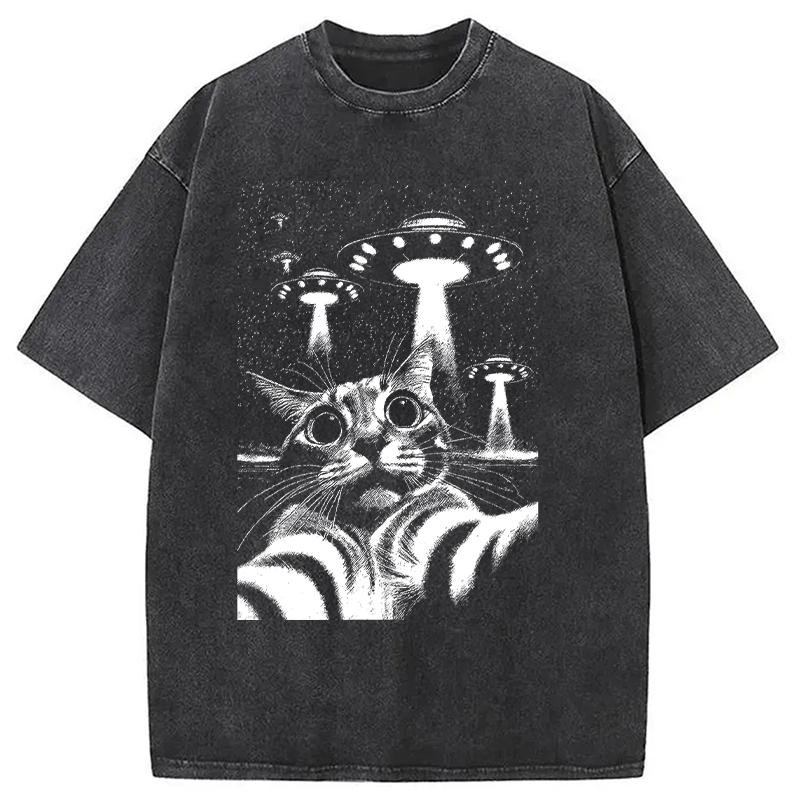 Modecanvas Alien Come For Cat DTG Printing Washed T-Shirt-modecanvas