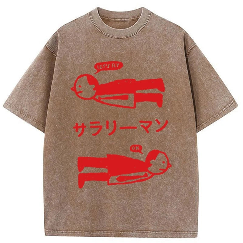Modecanvas Let's Fly Office Worker Washed T-Shirt-modecanvas