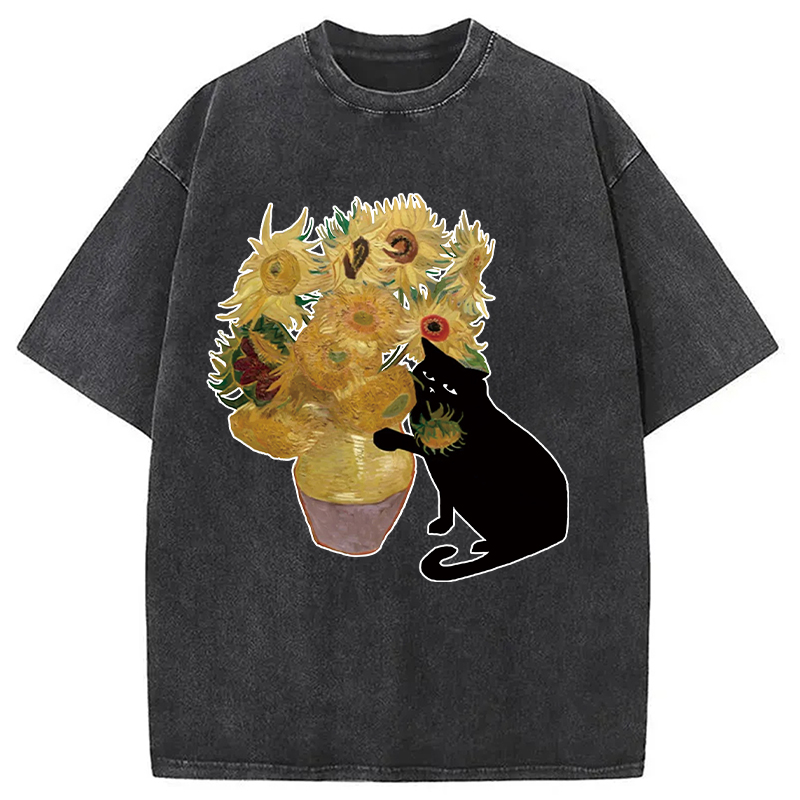 Modecanvas Cat Stealing Flowers Washed T-Shirt