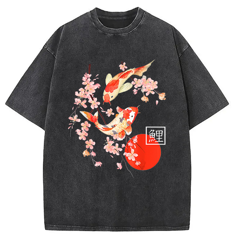 Modecanvas Cherry Blossom Koi Carp Fish Japanese Sakura Washed T-Shirt