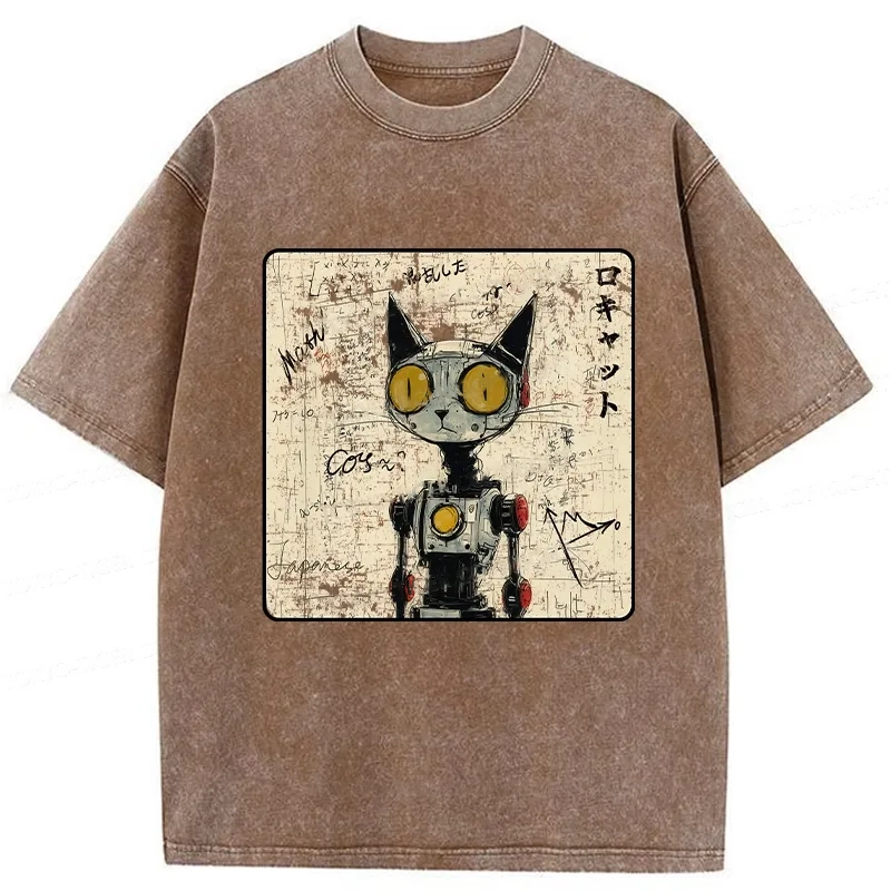Modecanvas Robot Cat Washed T-Shirt